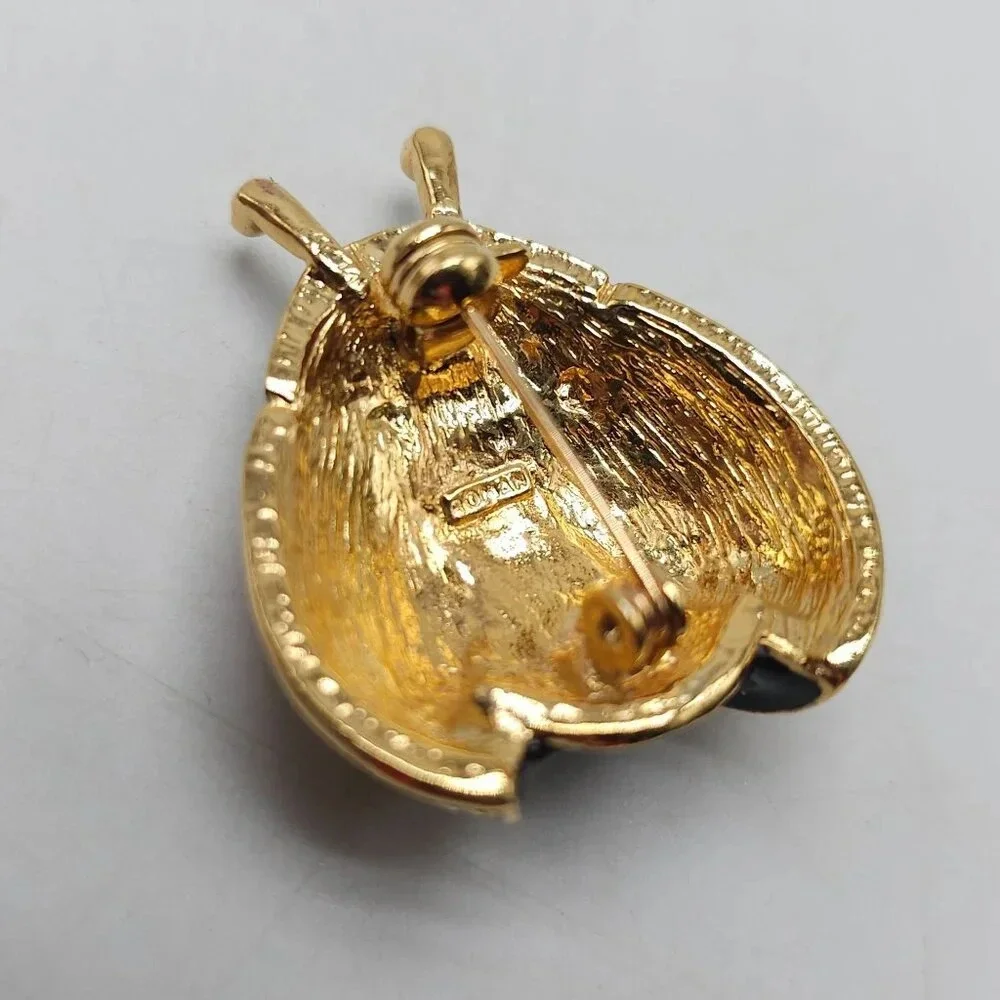 Vintage ROMAN Ladybug Pin Brooch With Red & Clear Rhinestones Gold-Tone Finish